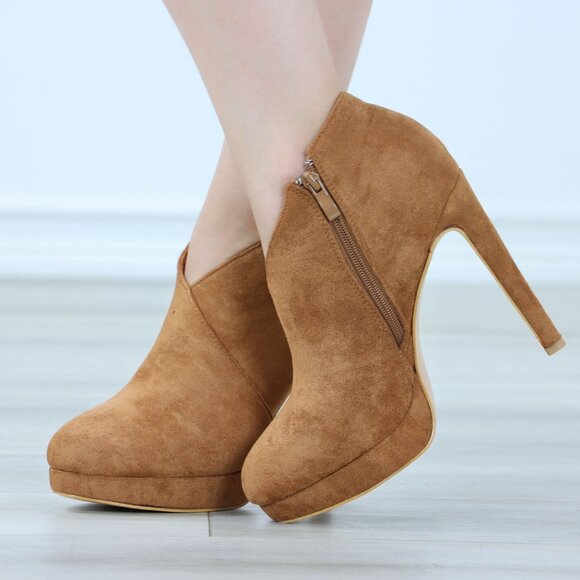 Tan High Heel Ankle Boots Platform Stilettos Faux Suede - Picture 2 of 13